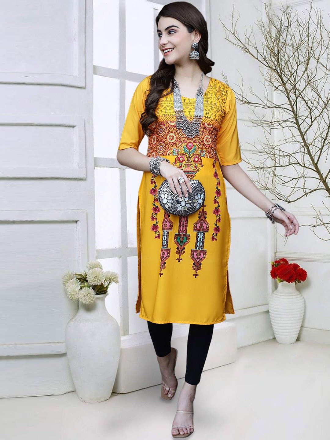 

7Threads Floral Printed Round Neck Regular Crepe Straight Kurta, Yellow