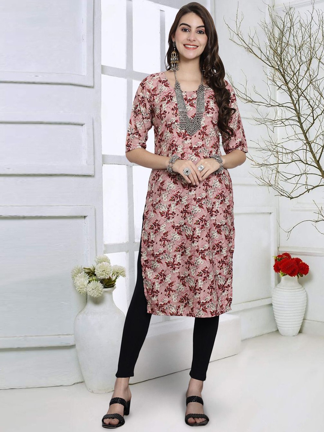 

7Threads Women Floral Printed Flared Sleeves Sequinned Floral Crepe Kurta, Multi