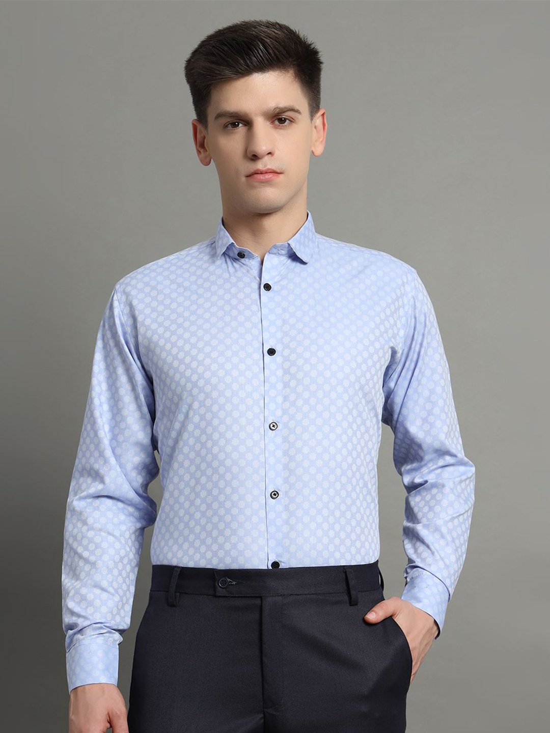 

AIA.FAB Men Classic Spread Collar Polka Dots Printed Cotton Formal Shirt, Blue