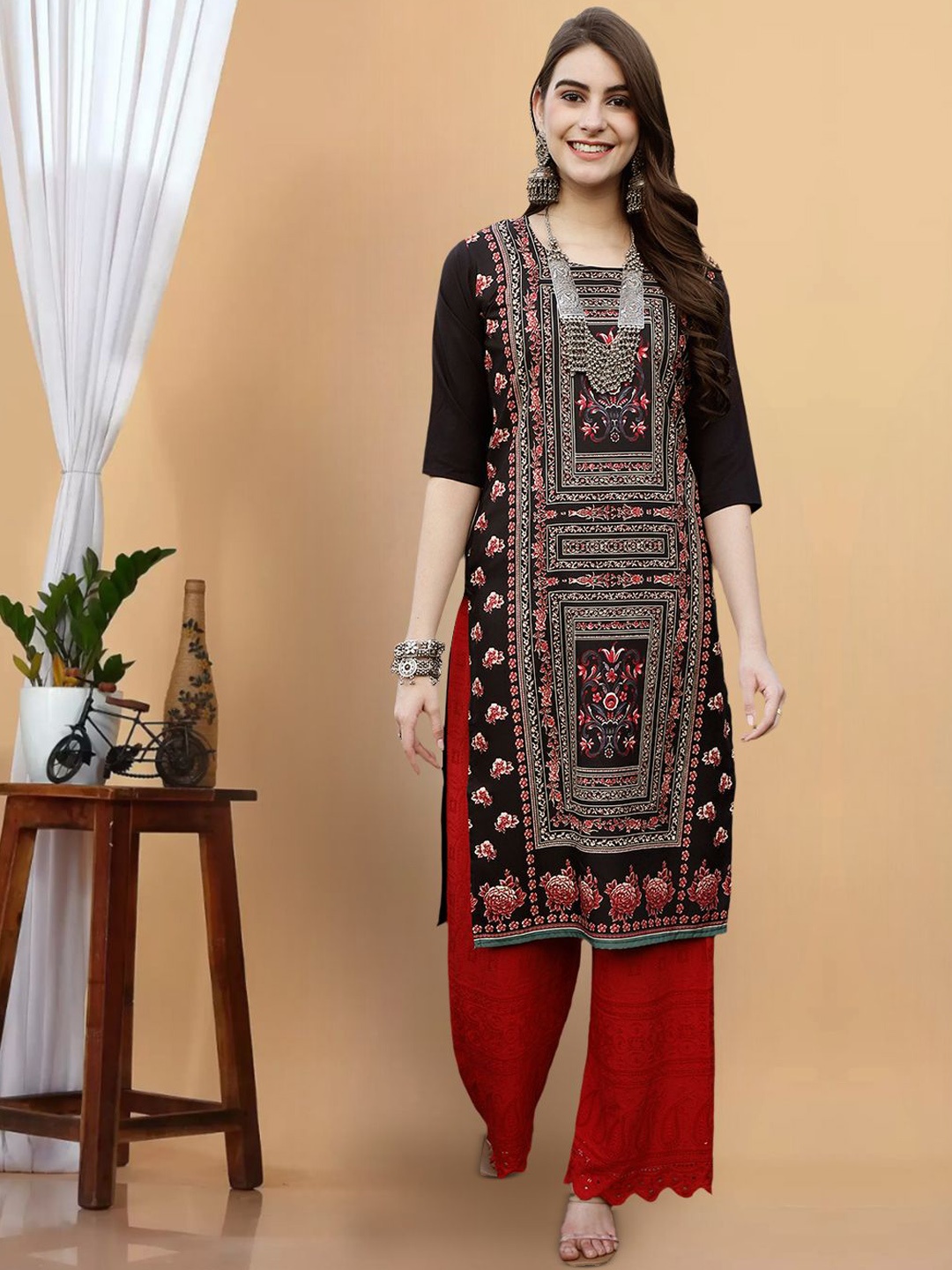 

7Threads Women Flared Sleeves Thread Work Floral Crepe Kurta, Multi