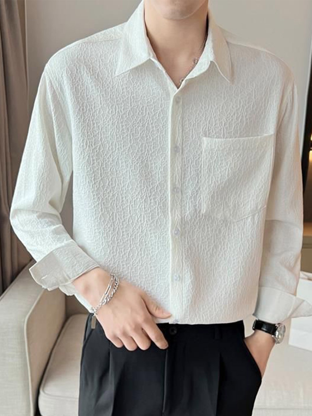 

StyleCast Men Opaque Striped Party Shirt, White