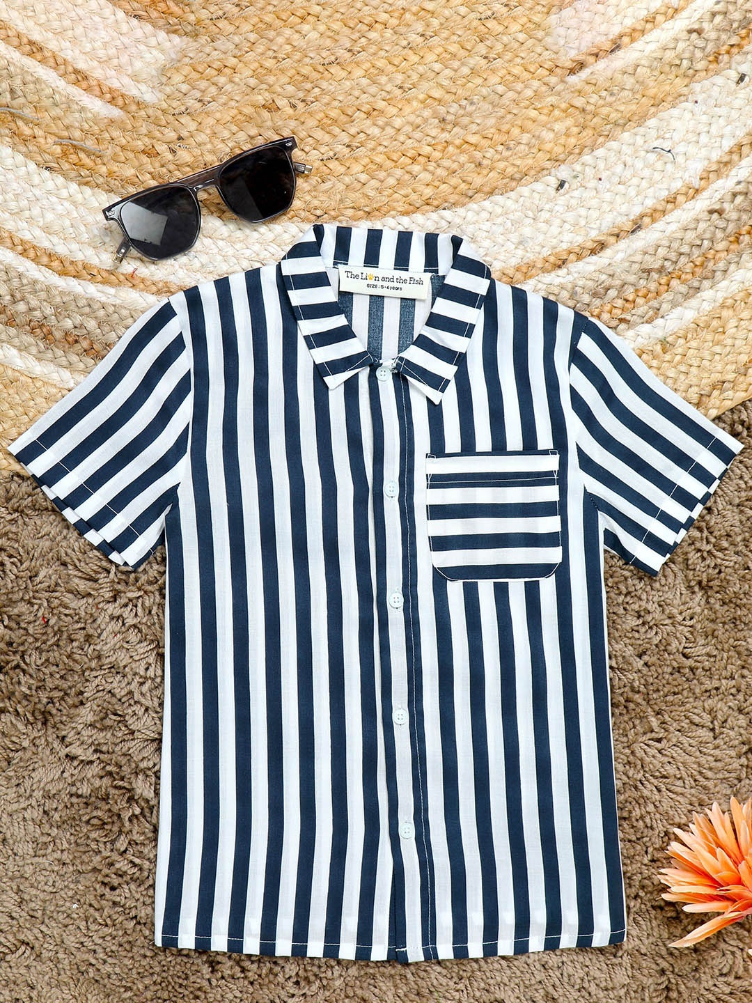 

The Lion and The Fish Boys Awning Stripes Half Sleeve Casual Shirt, Navy blue