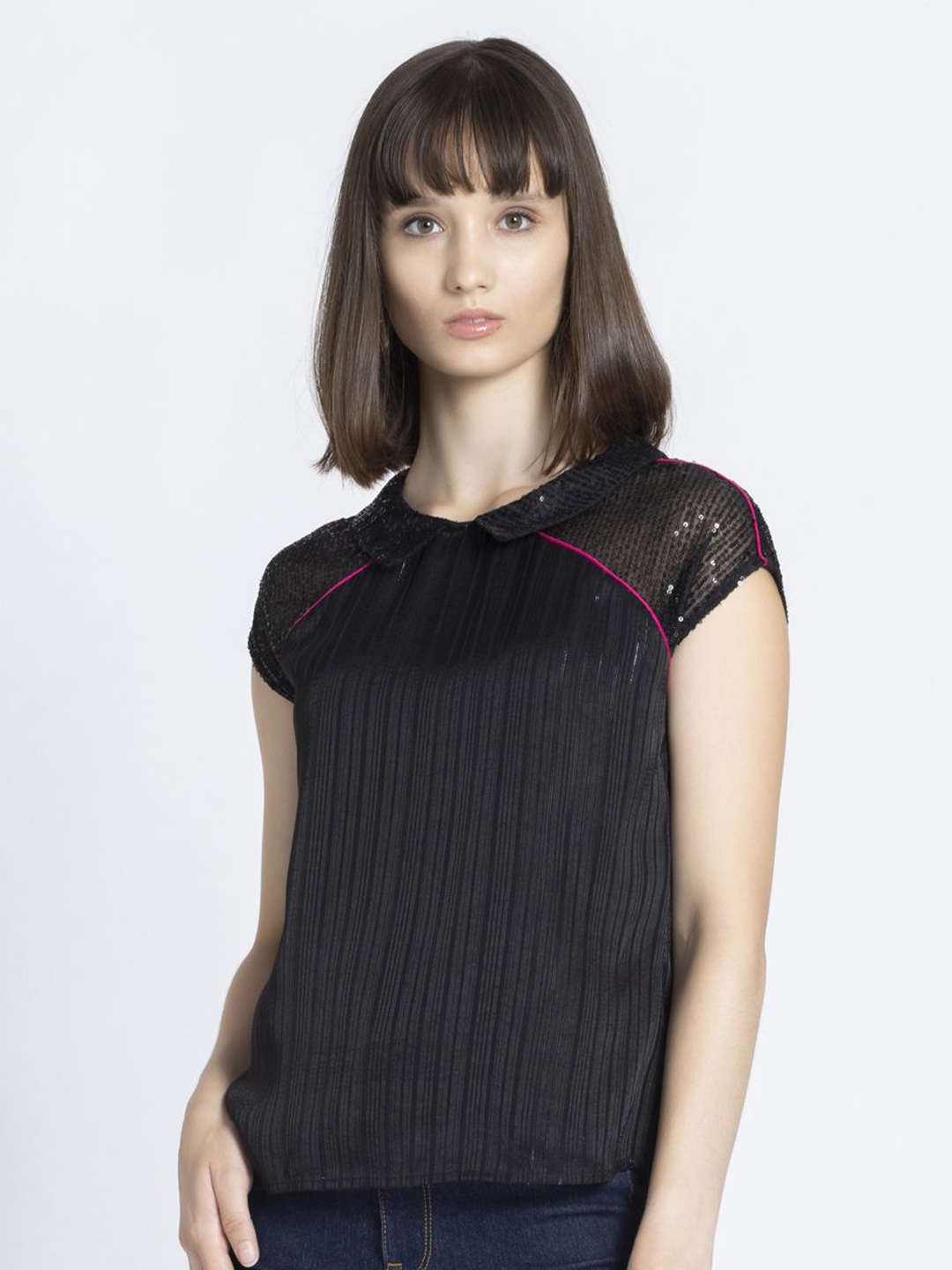 

SHAYE Women Solid Embellished Embellished Shirt Collar Top, Black