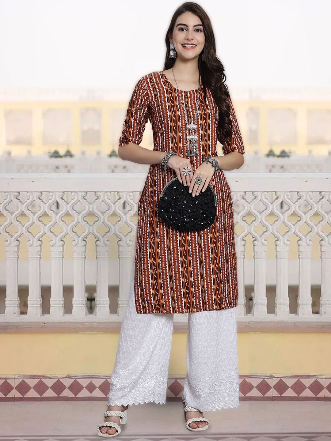 

7Threads Geometric Printed Straight Kurta, White