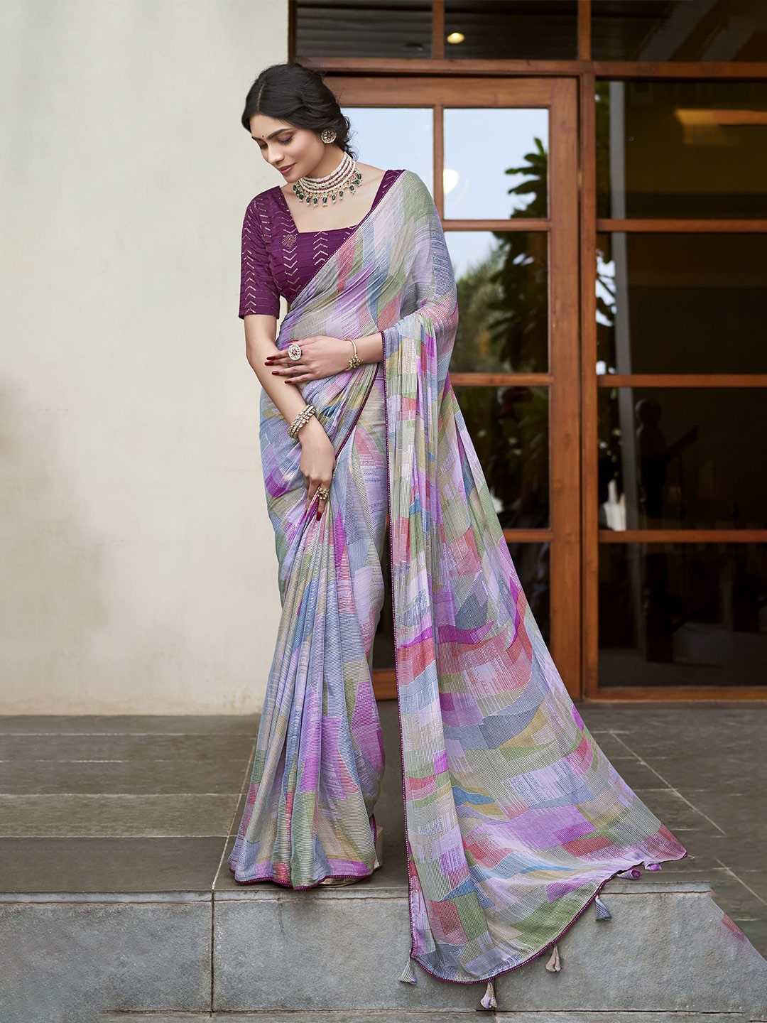 

NIRMAL CREATION Abstract Printed Pure Silk Saree, Purple