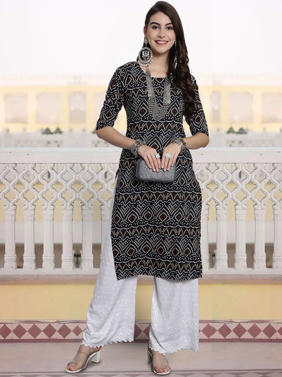 

7Threads Bandhani Printed Round Neck Straight Kurta, Black