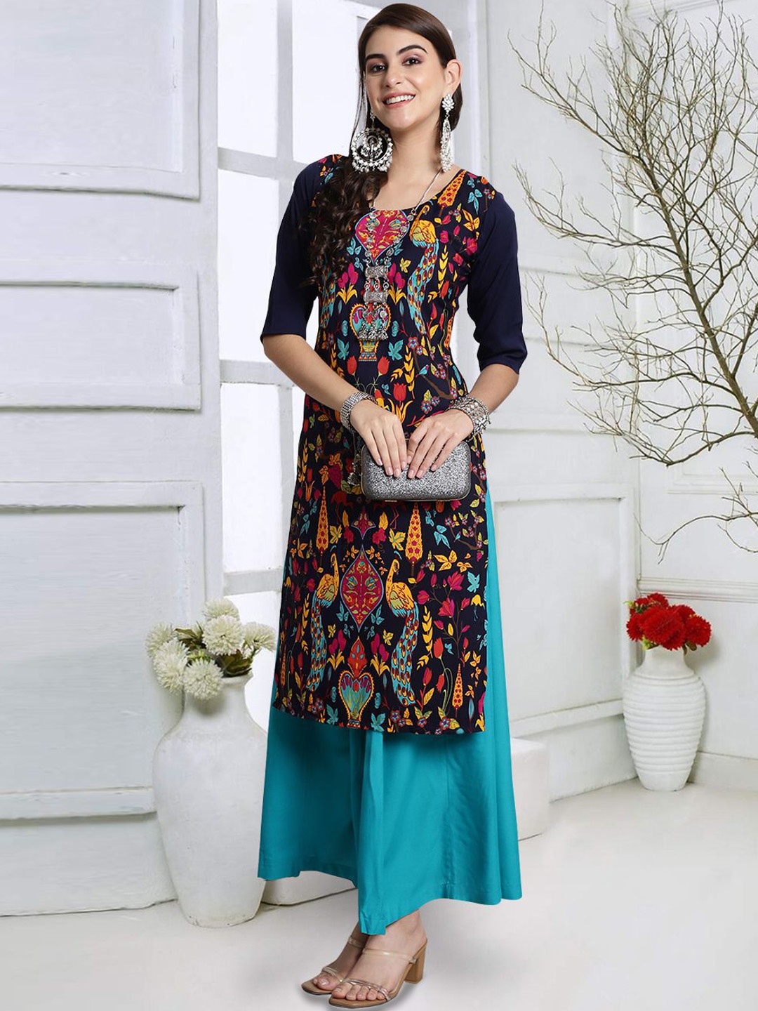

7Threads Floral Printed Crepe Straight Kurta, Navy blue