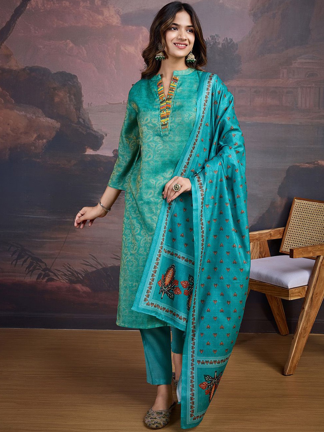 

House of Pataudi Ethnic Motifs Printed Mandarin Collar A-Line Kurta With Trouser & Dupatta, Sea green