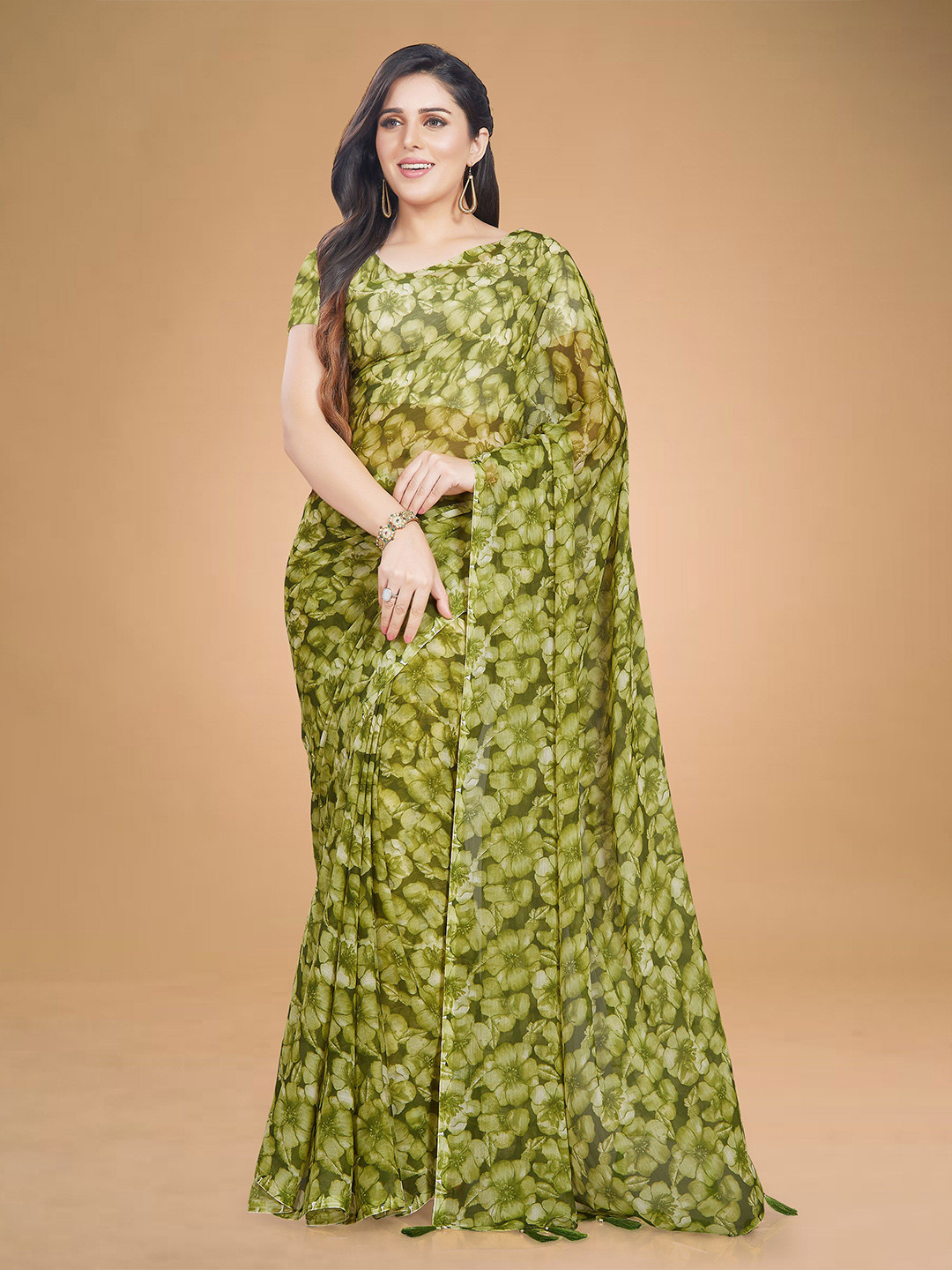 

Rani Saahiba Floral Printed Saree, Green