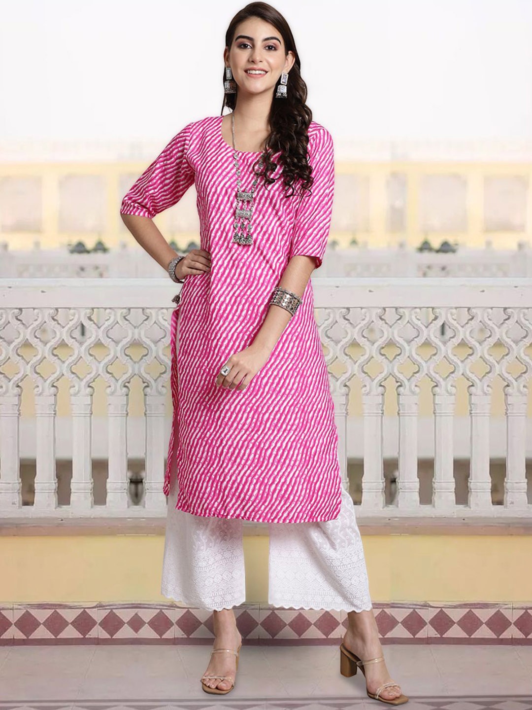 

7Threads Women Striped Mirror Work Floral Crepe Anarkali Kurta, Multi