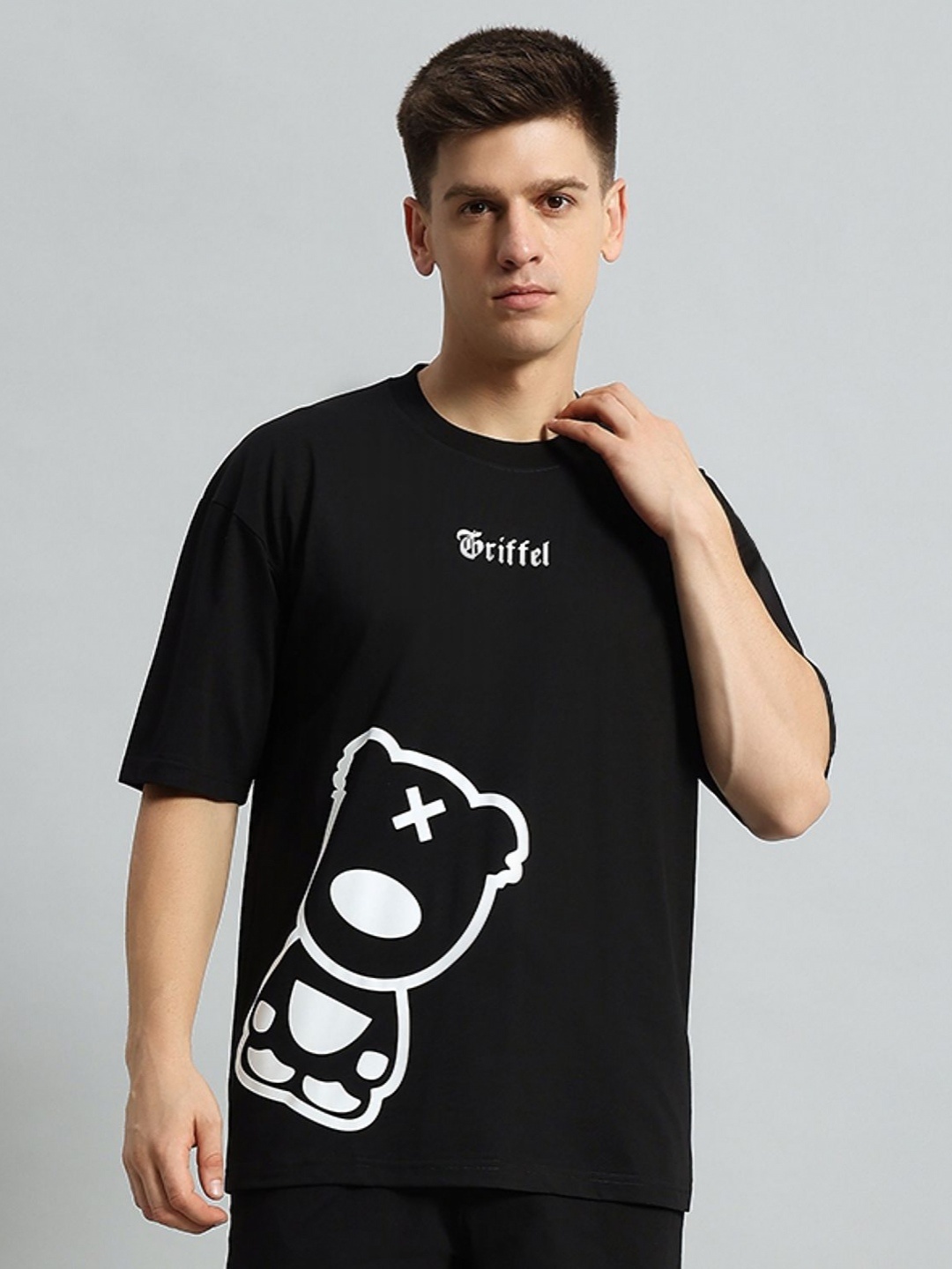 

GRIFFEL Men Graphic Printed Round Neck Cotton Oversized T-Shirt, Black