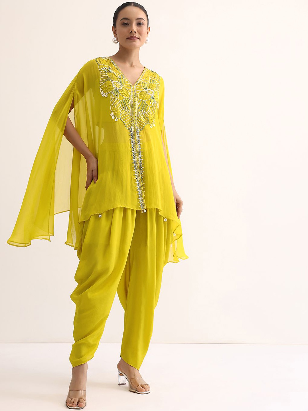 

KALKI Fashion Floral Embroidered Beads And Stones Top With Dhoti Pants & Cape, Yellow