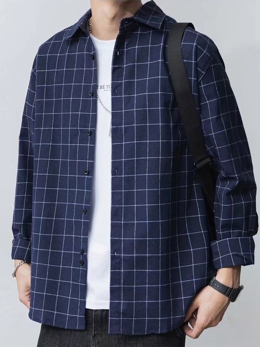 

StyleCast Men Windowpane Checks Opaque Checked Casual Shirt, Navy blue