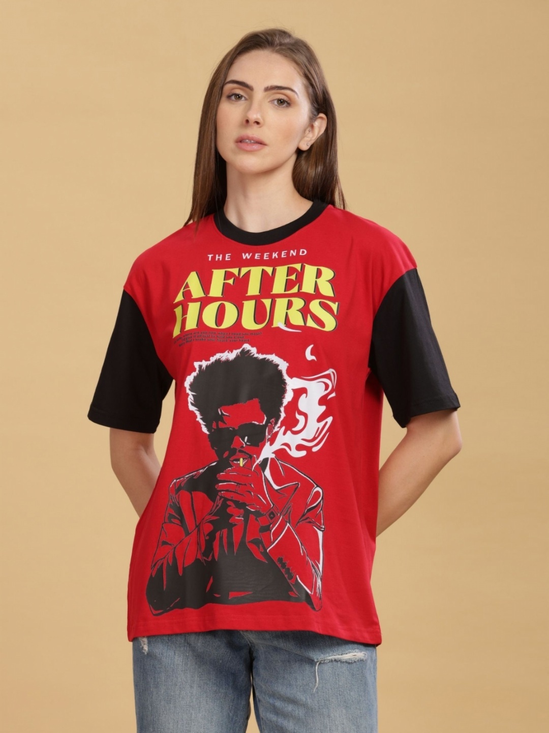 

CAPTCHA Women Graphic Printed Round Neck Cotton Oversized T-Shirt, Red
