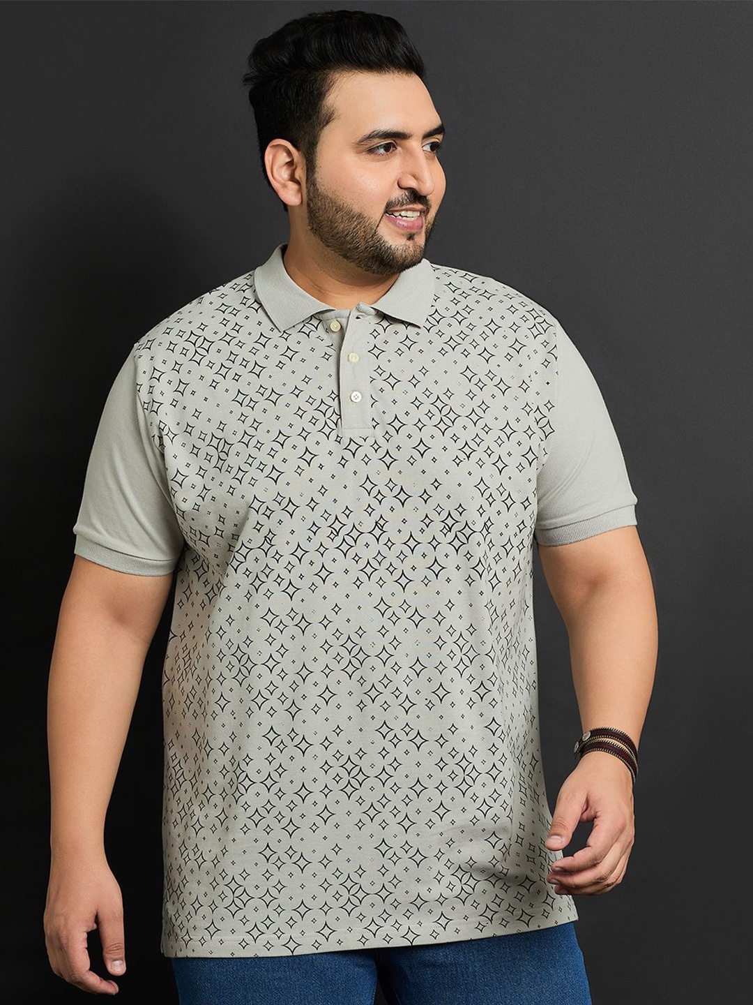 

bigbanana Plus Size Geometric Printed Polo Collar Cotton T-shirt, Grey