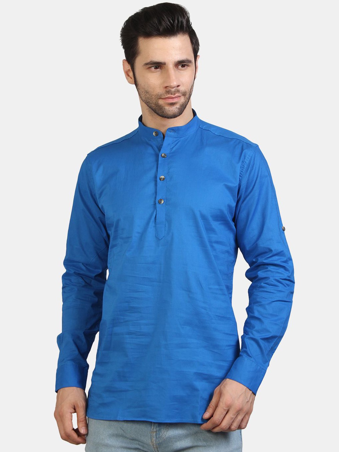 

EdinWolf Mandarin Collar Roll-Up Sleeves Cotton Straight Short Kurta, Blue