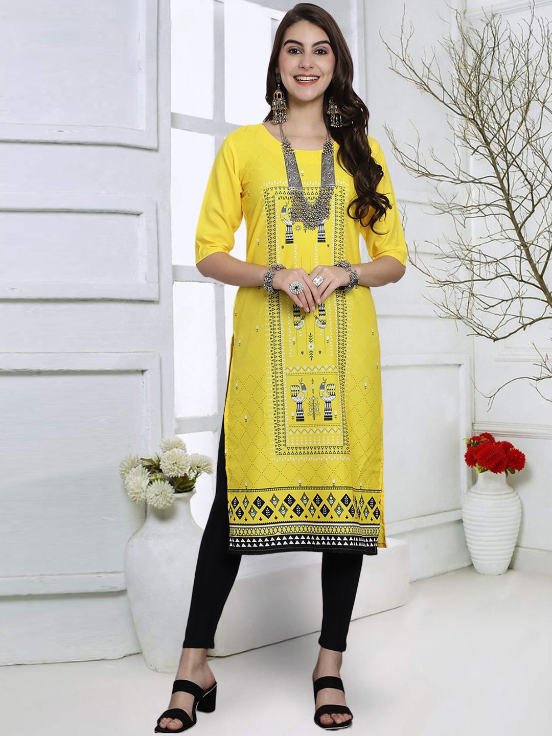 

7Threads Ethnic Motifs Printed Round Neck Three-Quarter Sleeves Straight Kurta, Yellow