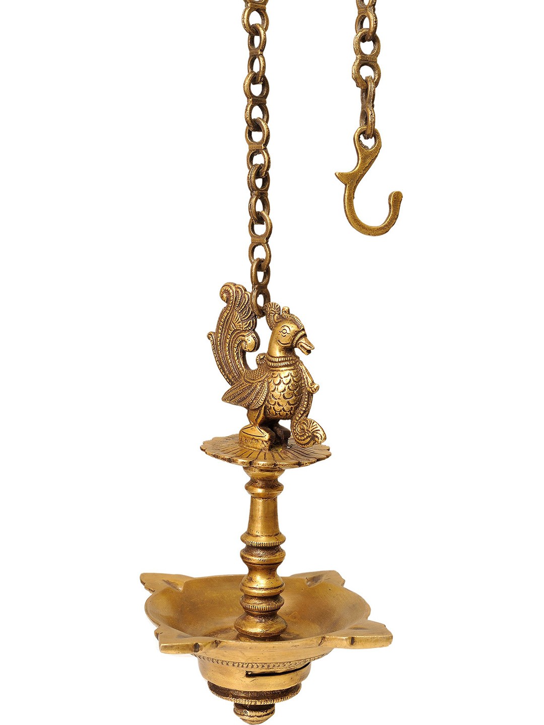 

Exotic India 9" Brass Peacock Ceiling Puja Lamp, Gold
