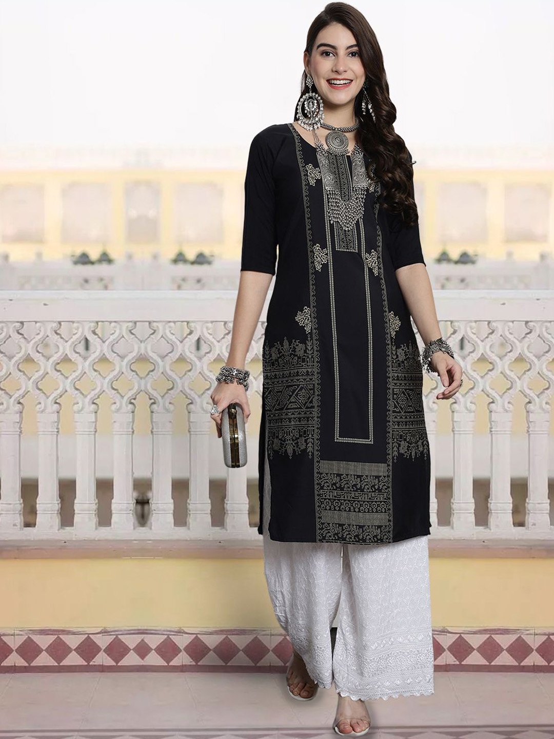 

7Threads Geometric Printed Round Neck Straight Kurta, Black
