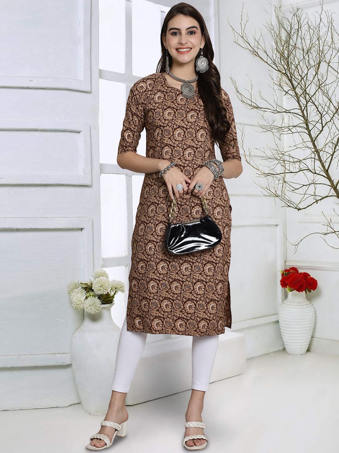 

7Threads Floral Printed Round Crepe Straight Kurta, Brown