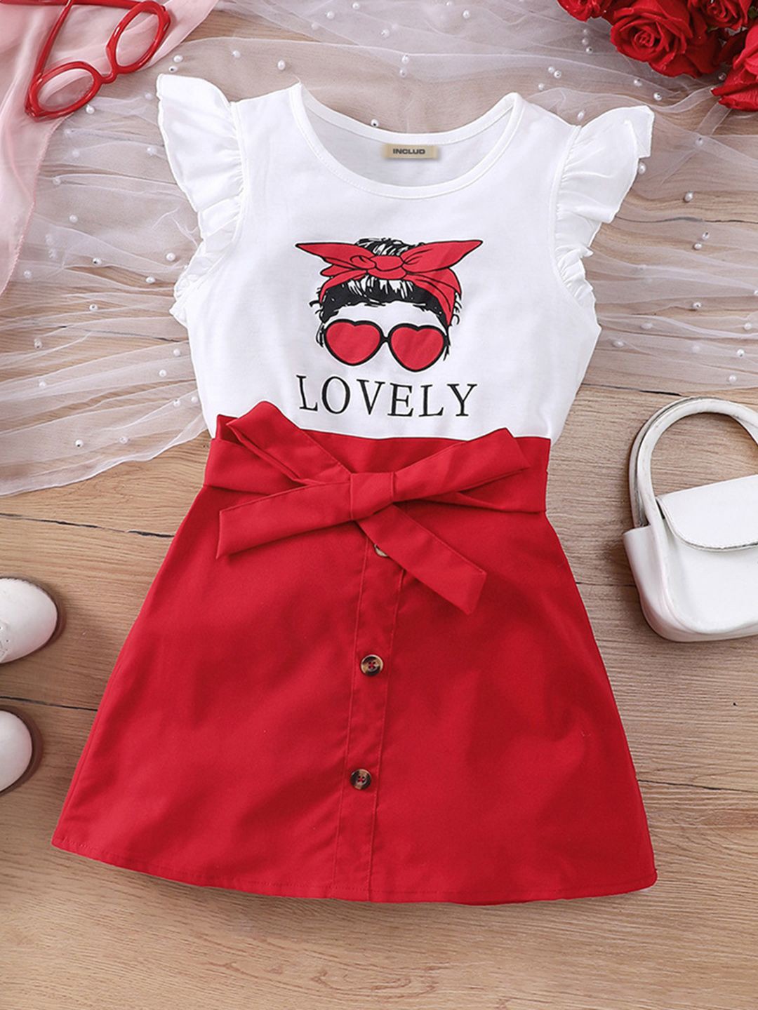 

INCLUD Girls Graphic Printed Cap Sleeves T-shirt With Skirt, White