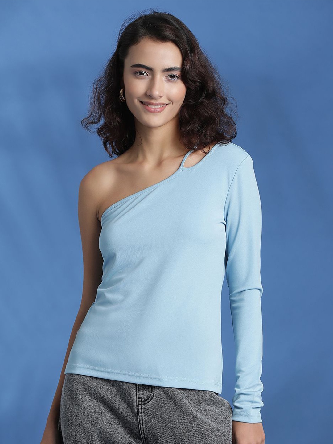 

Kotty Women Solid One Shoulder Top, Blue
