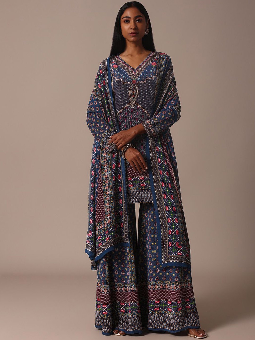 

KALKI Fashion Floral Printed Beads & Stones Straight Kurti With Sharara & With Dupatta, Blue