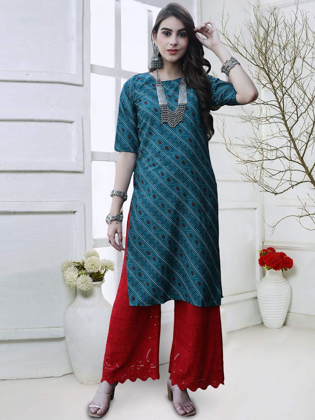 

7Threads Ethnic Motifs Printed Round Neck Crepe Straight Kurta, Green