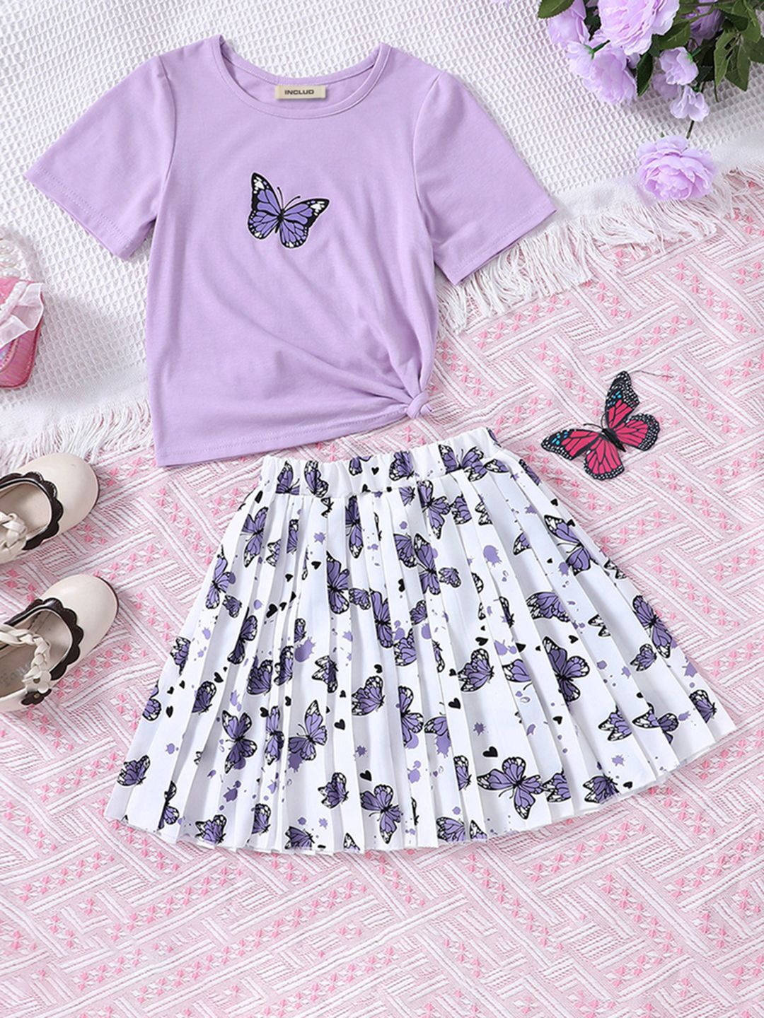 

INCLUD Girls Printed T-shirt with Skirt, Purple