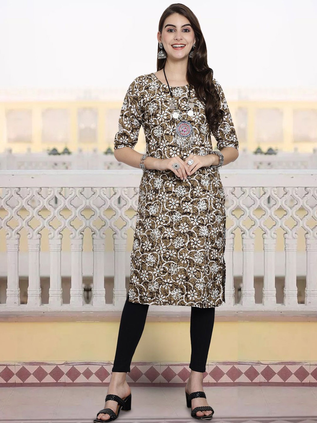 

7Threads Floral Printed Straight Kurta, White