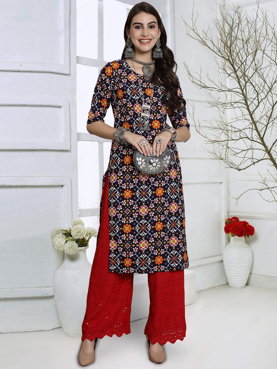 

7Threads Ethnic Motifs Printed Straight Kurta, Black