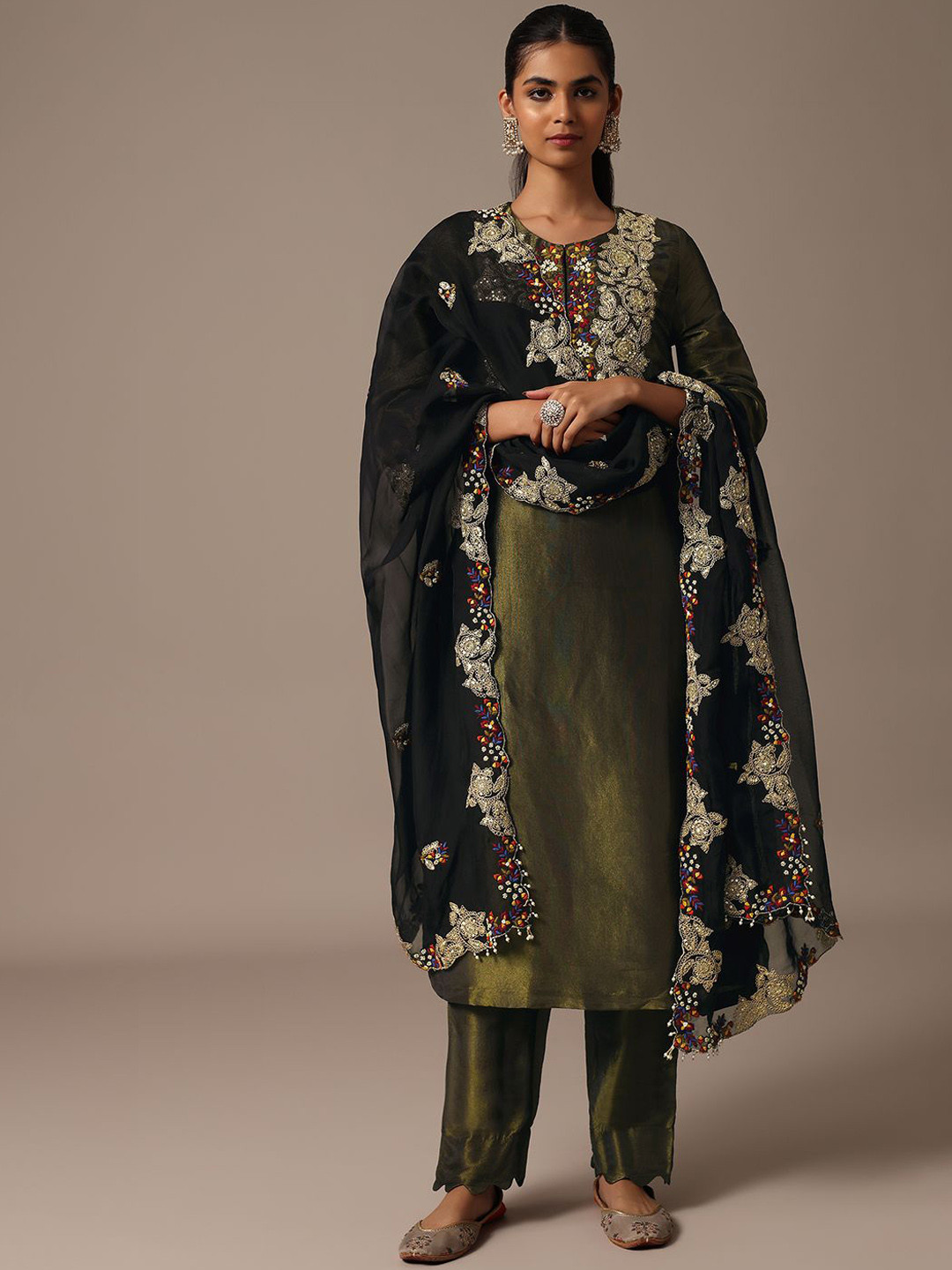 

KALKI Fashion Floral Embroidered Sequinned Tissue Straight Kurta With Trousers & Dupatta, Green