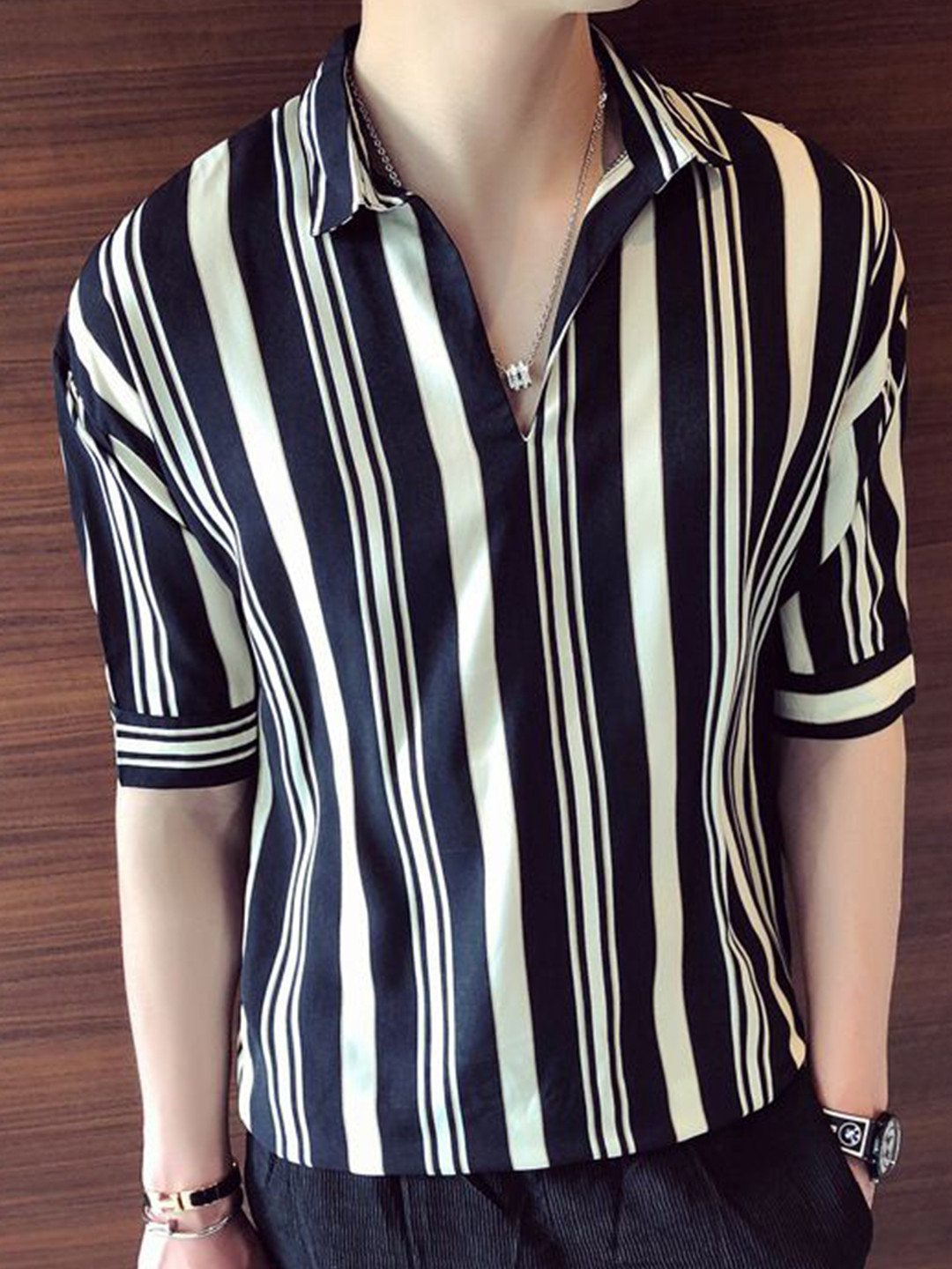 

StyleCast Men Slim Fit Opaque Striped Party Shirt, Black
