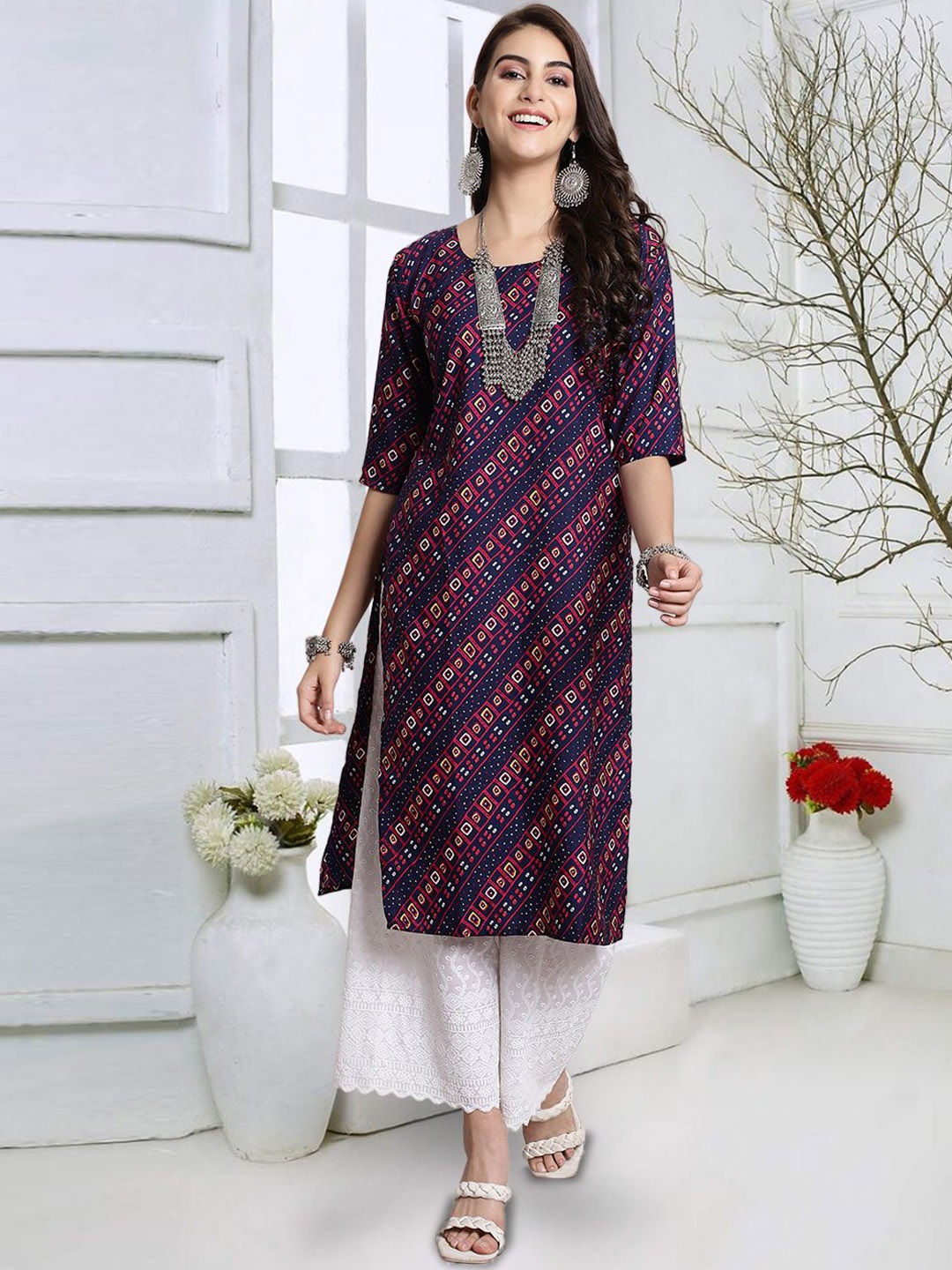 

7Threads Geometric Printed Straight Kurta, Navy blue