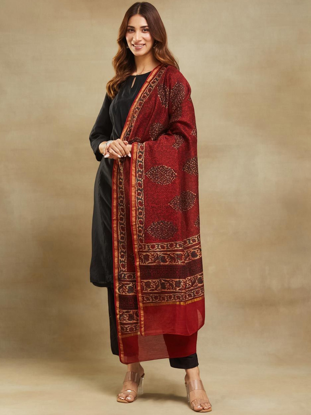 

Fabindia Ethnic Motifs Printed Cotton Silk Dupatta, Red