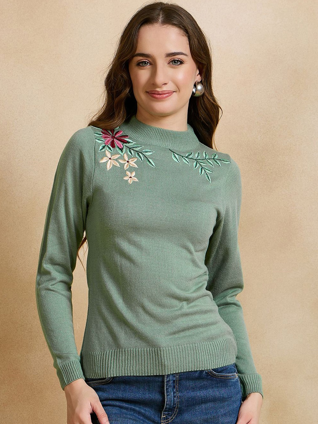 

CLAPTON Women Floral Woollen Pullover with Embroidered Detail, Sea green