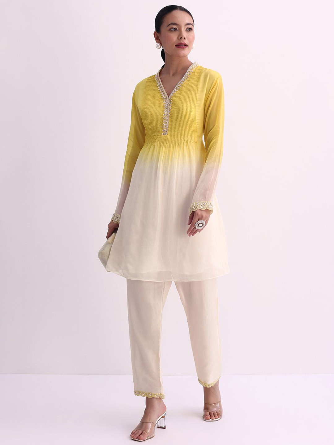 

KALKI Fashion Floral Embroidered V-Neck Beads & Stones Organza A-Line Kurta With Trousers, Yellow