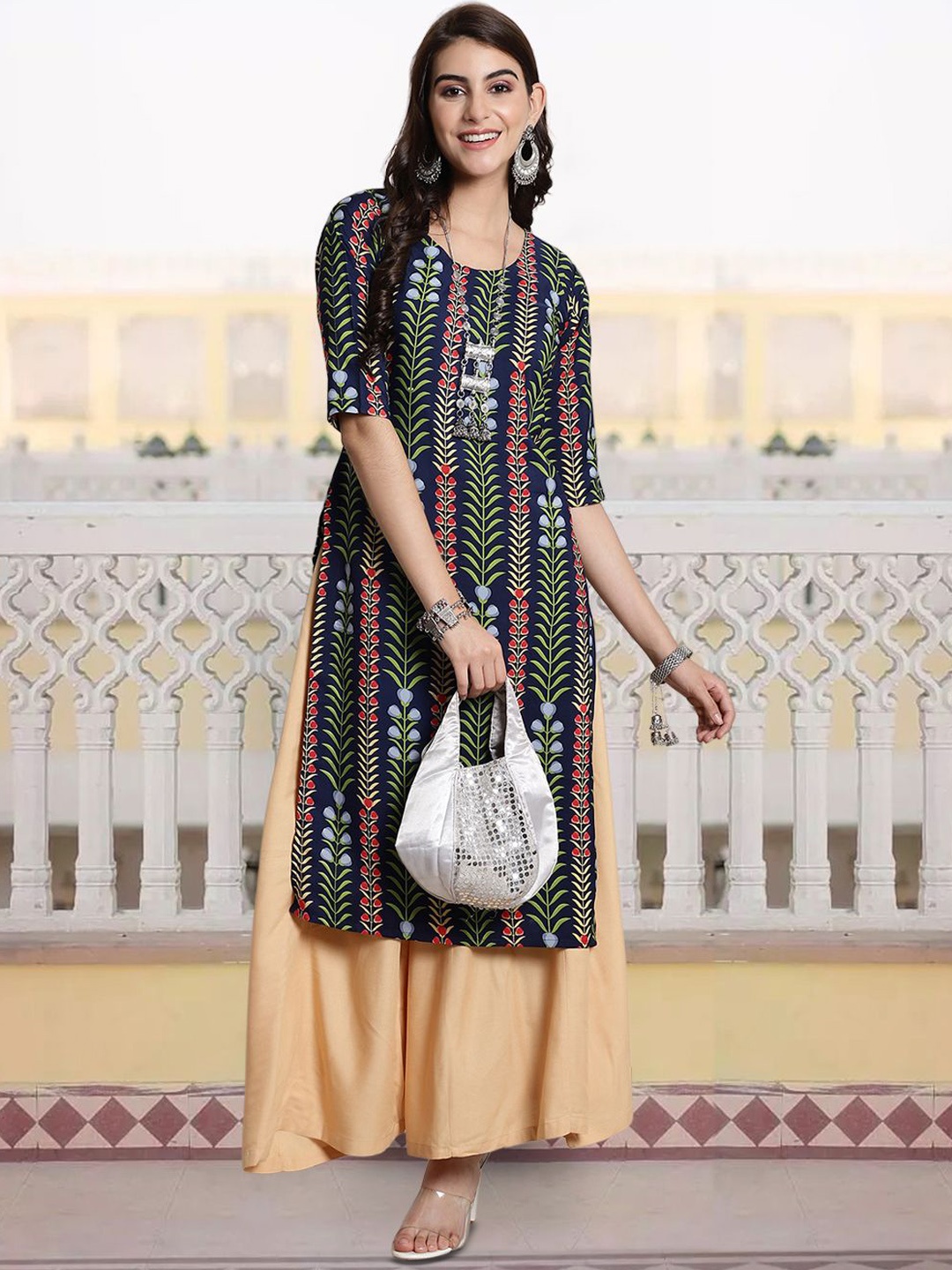 

7Threads Women Ethnic Motifs Printed Sequinned Floral Crepe Anarkali Kurta, Multi