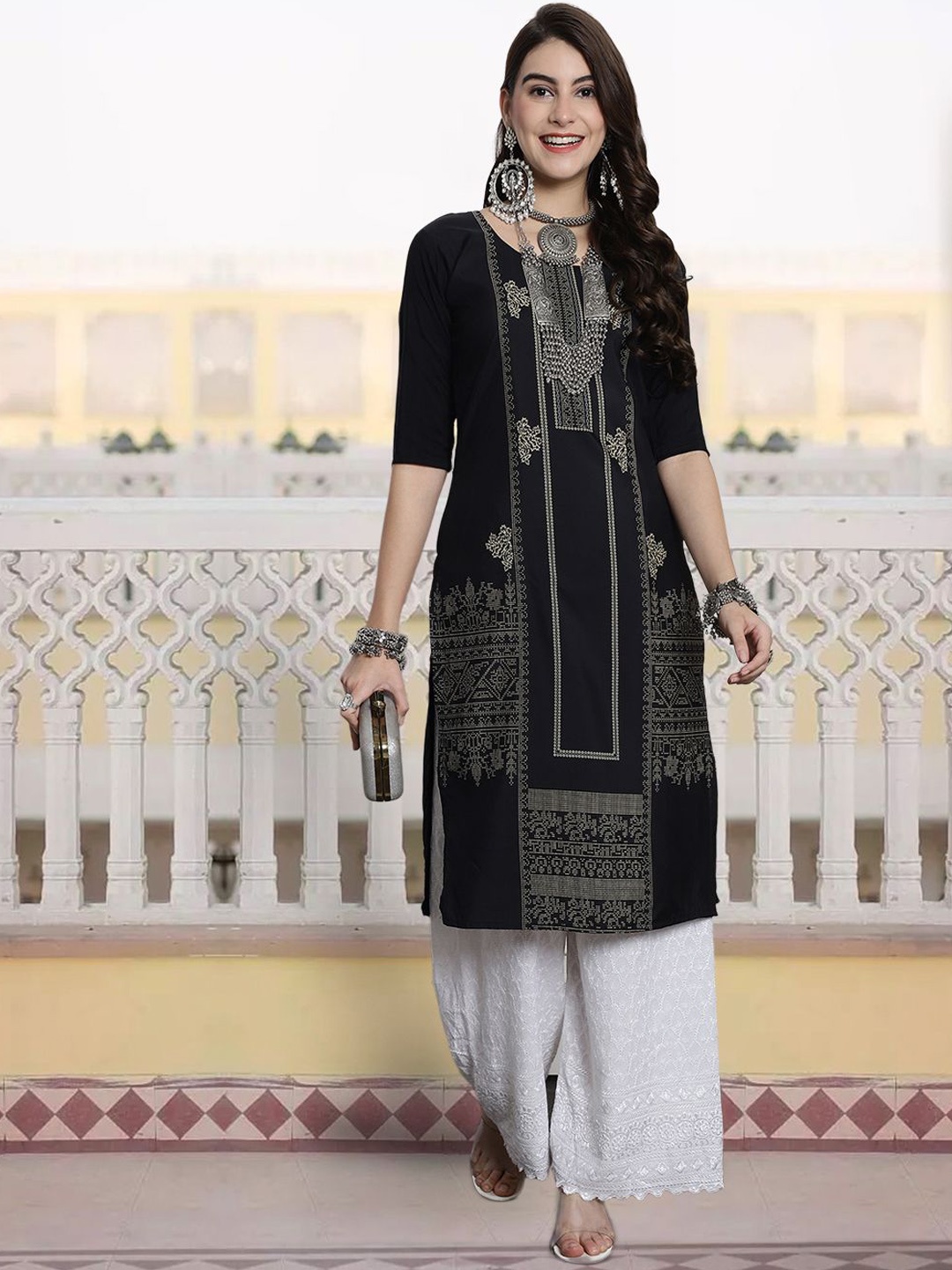 

7Threads Abstract Printed Straight Kurta, Black