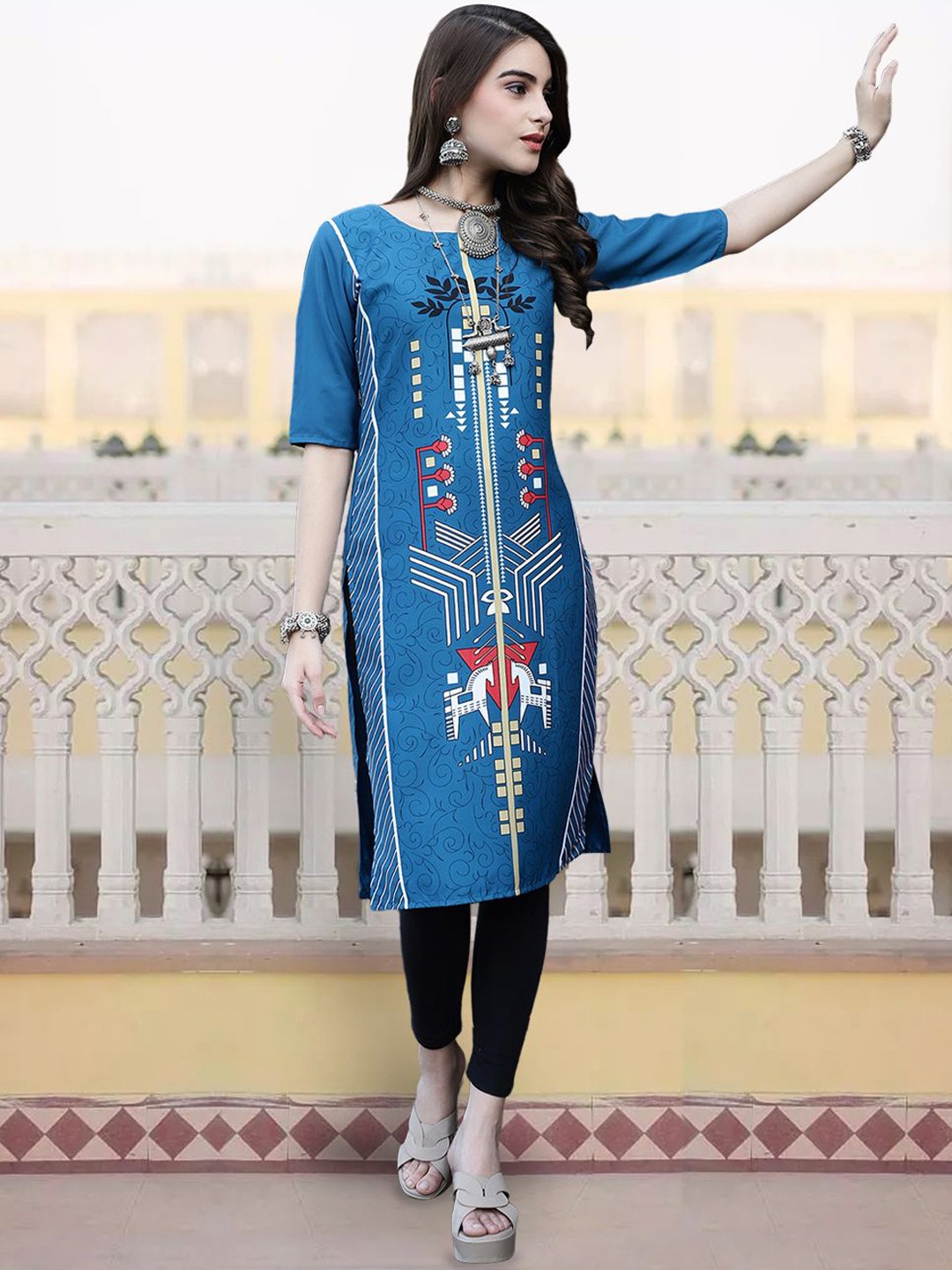 

7Threads Geometric Printed Crepe Straight Kurta, Blue