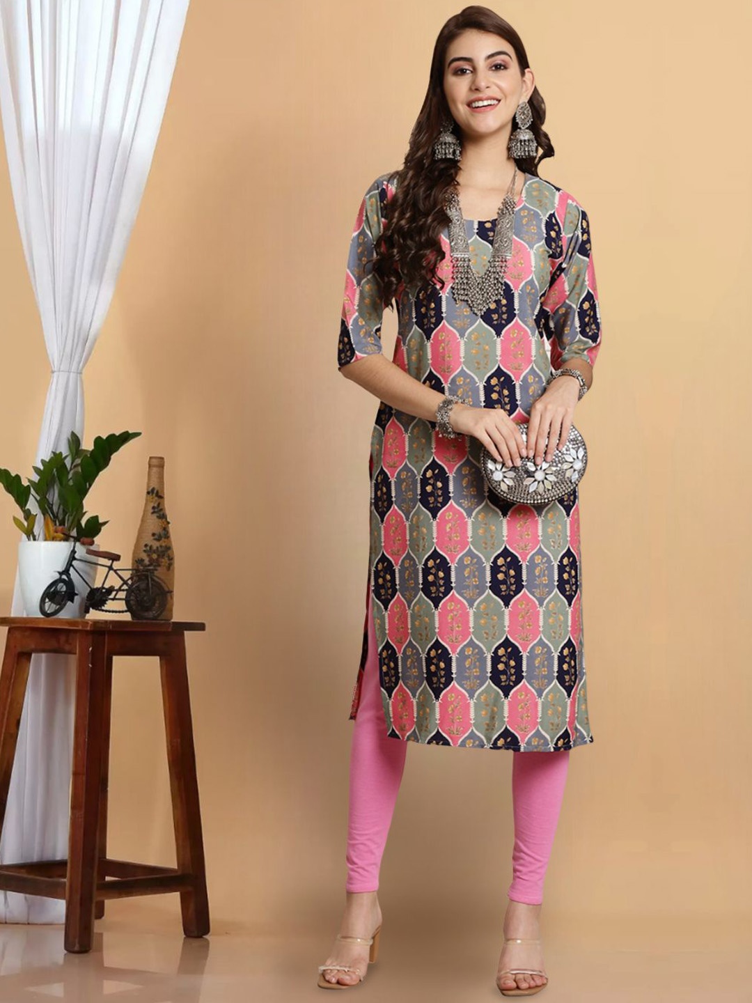 

7Threads Women Floral Printed Flared Sleeves Thread Work Floral Crepe Kurta, Multi