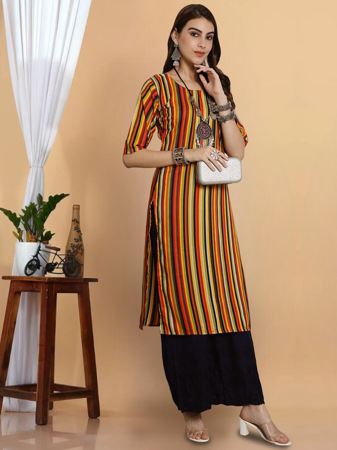 

KALINI Striped Printed Round Neck Crepe Straight Kurta, Yellow