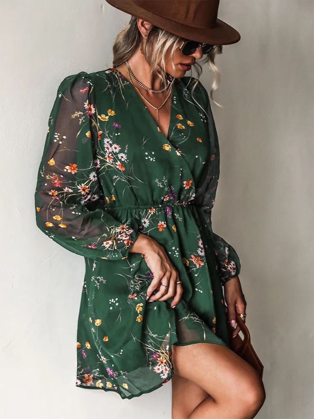 

HERE&NOW Floral Print Chiffon Fit & Flare Dress, Green