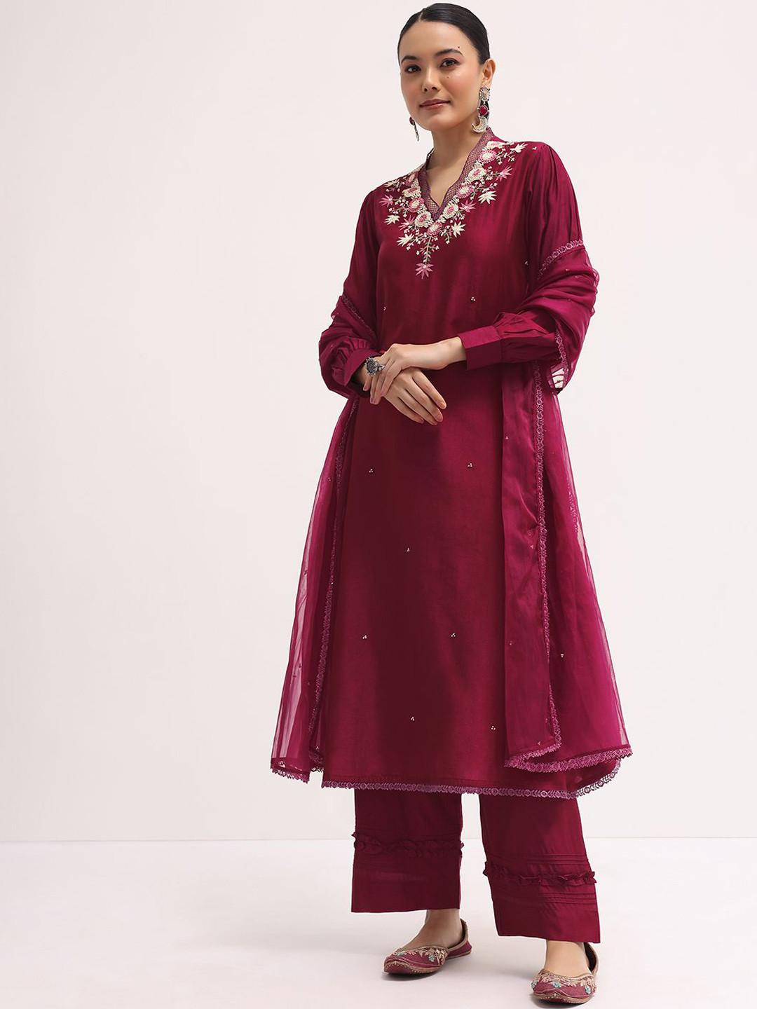 

KALKI Fashion Floral Embroidered A-Line Kurta with Trousers & Dupatta, Red