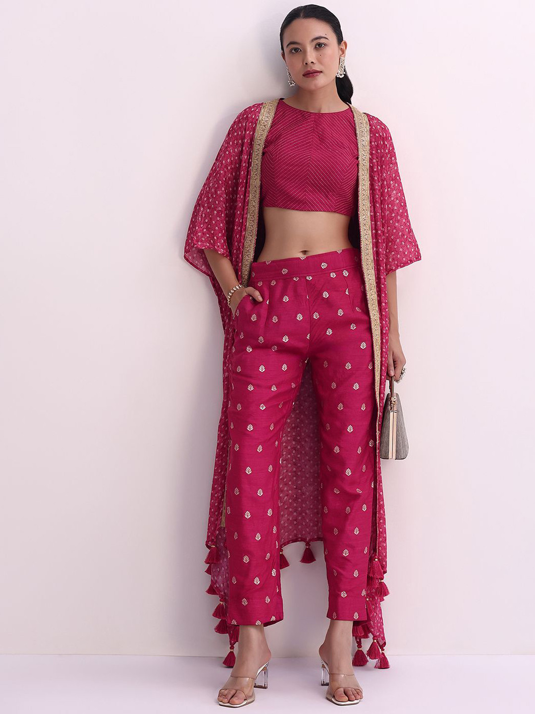 

KALKI Fashion Sleeveless Boat Neck Embroidered Top With Printed Trouser & Shrug Co-Ord set, Red