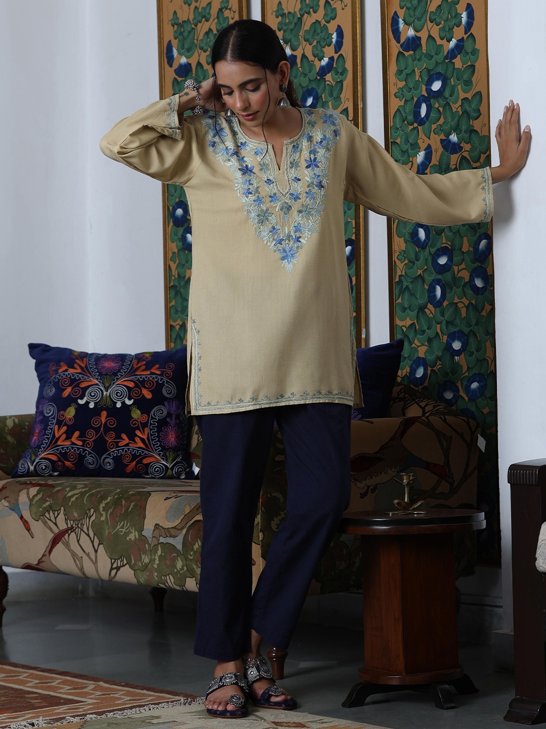 

House of Chikankari HOC Crafts Embroidered Woven Short Kurta, Beige