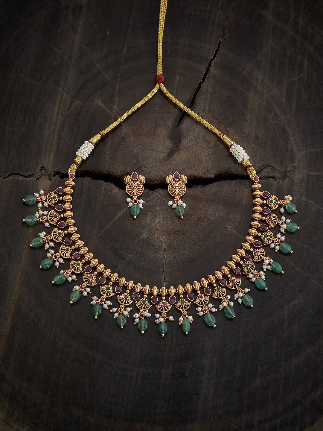 

Kushal's Fashion Jewellery Gold Plated Stone & Beads Studded Antique Jewellery Set