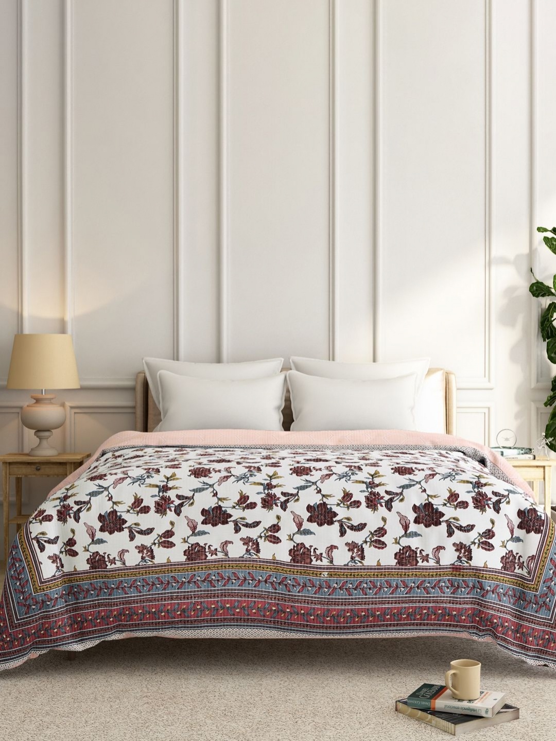 

India Circus by Krsnaa Mehta Pink & White Floral Printed Cotton Double Bed Blanket