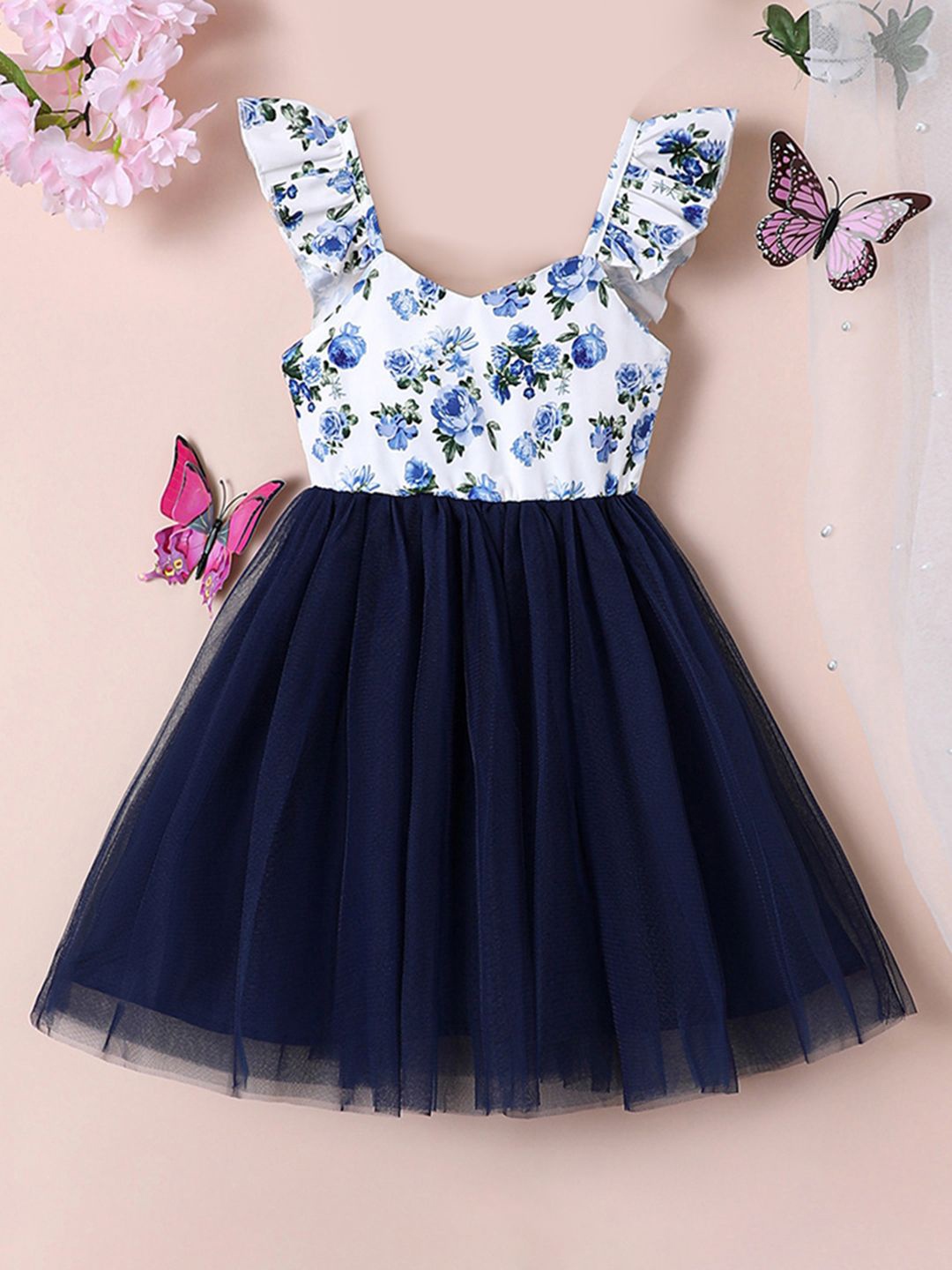 

INCLUD girls Floral Print Sweetheart Neck short Sleeve Fit & Flare pure polyester dress, Navy blue