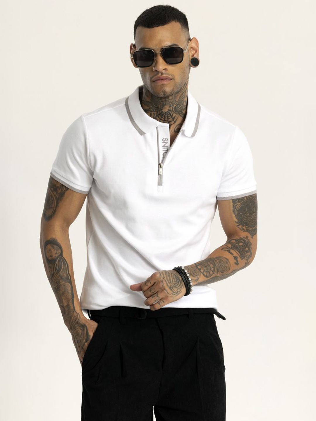 

Snitch Men Solid Polo Collar Cotton Slim Fit T-Shirt, White
